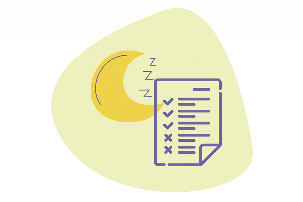 Illustration of a moon, zzzs and a piece of paper with lines and symbols