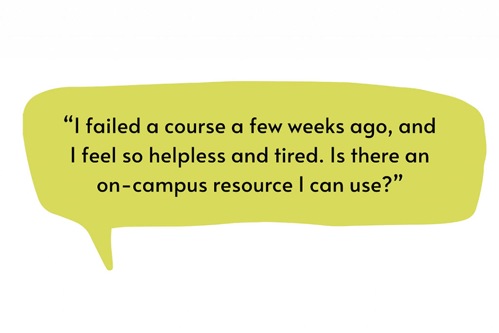Illustration of a speech bubble that says, “I failed a course a few weeks ago, and I feel so helpless and tired. Is there an on-campus resource I can use?”